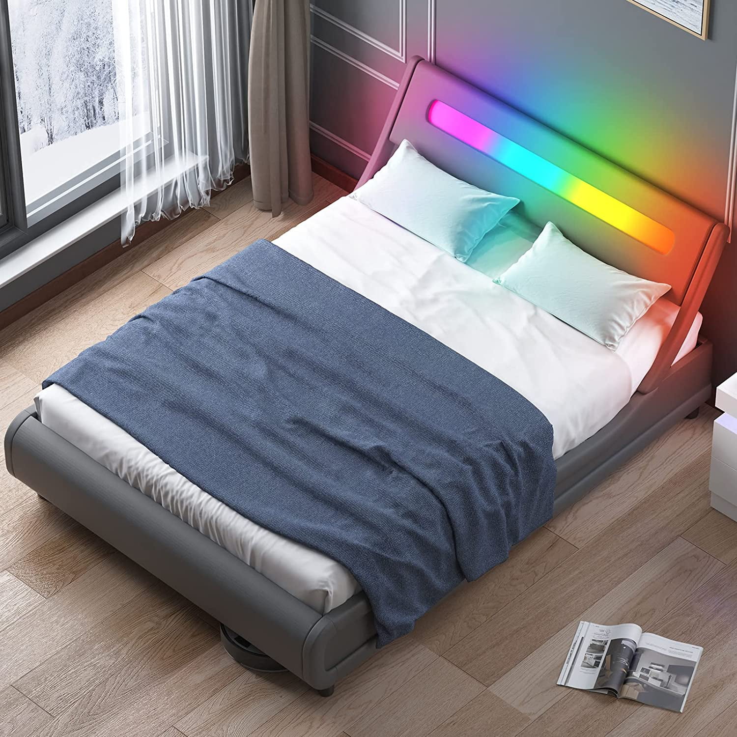 Mjkone Queen Size Bed Frame with RGB LED Headboard, Platform with Music