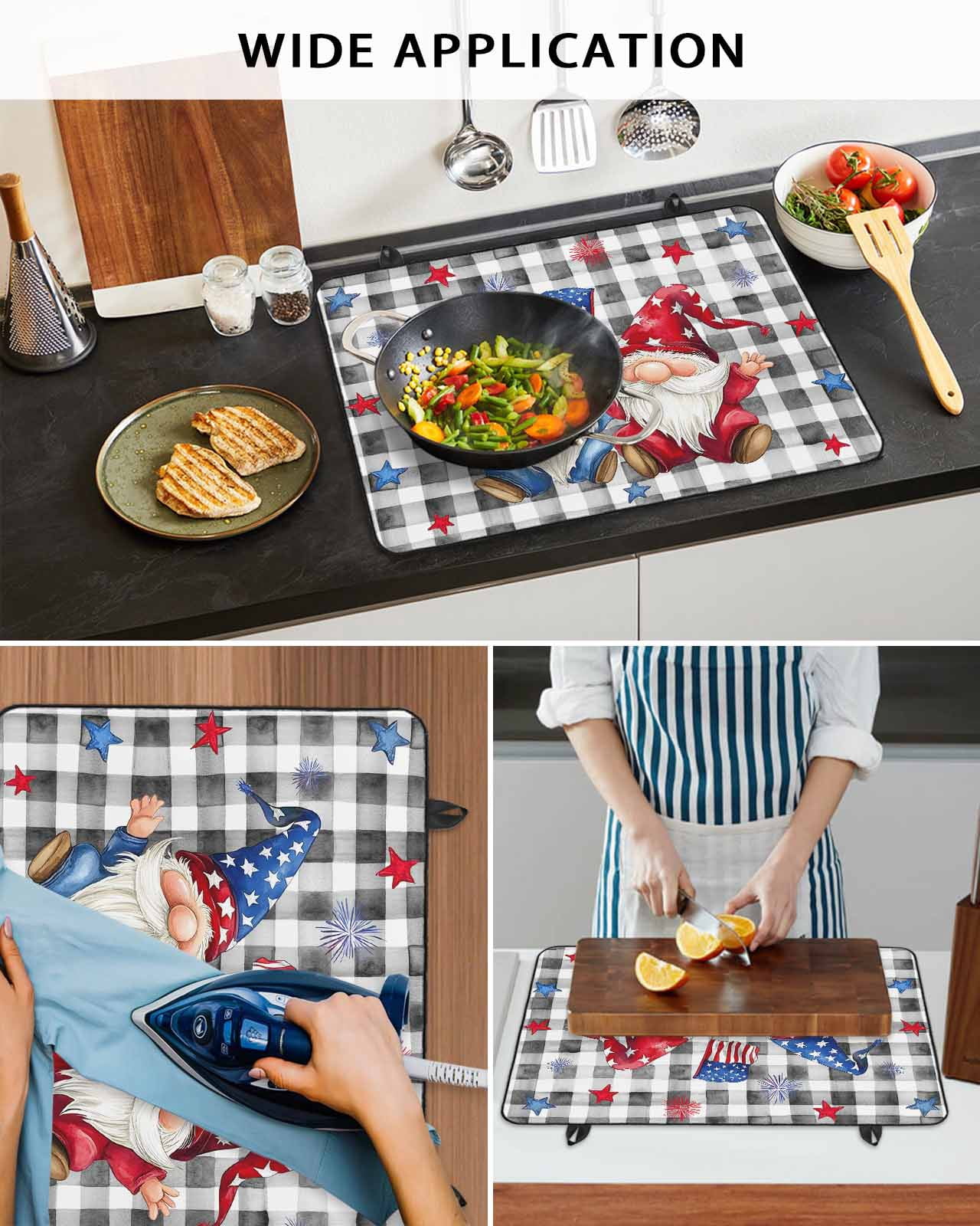 nqOlkjepod Large Induction Cooktop Protector Mat 36"x21", 4th of July Gnomes Stove Top Covers for Electric Stove, Star Independence Day Black Plaid Stove Burner Cover Mats, Glass Top Stove Cover