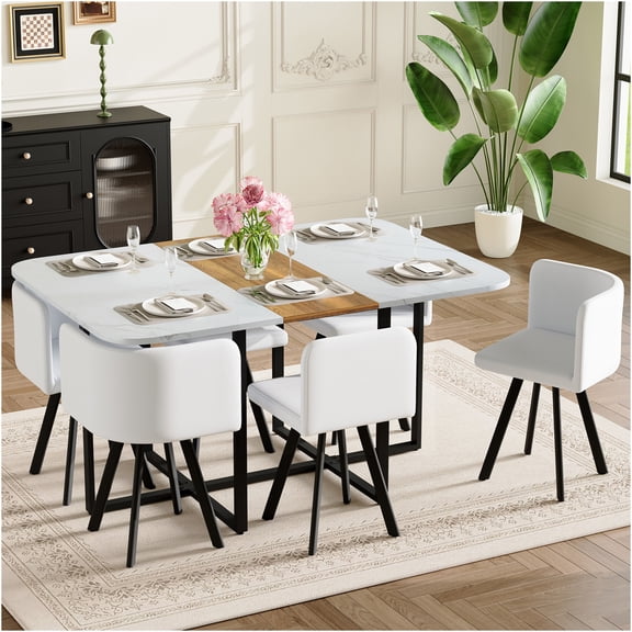 JERFIT 6-Person Dining Table Set with White Faux Marble Top and 6 Upholstered Chairs, Modern Kitchen Table for Small Space, White and Wood Finish