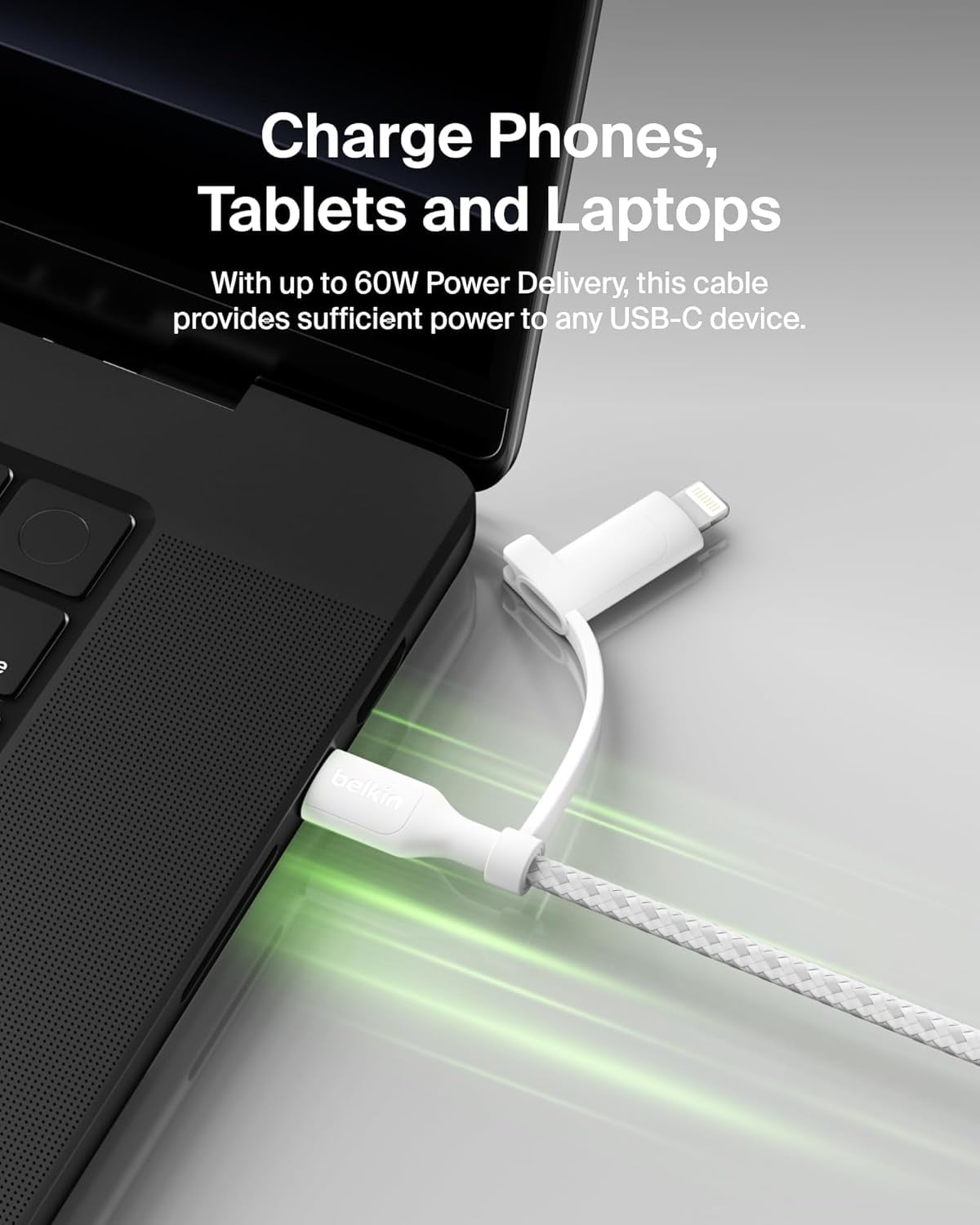 Belkin BoostCharge 2-in-1 USB-C Charging Cable w/USB-C & Lightning Connector - Braided Fast-Charging Cable, Multi-Charging Combo Cord for Apple iPhone, iPad, Samsung, MacBook, & More - White