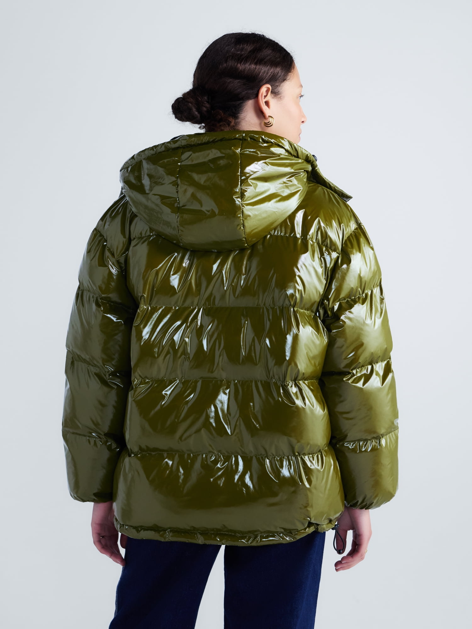 Free Assembly Women's High Gloss Puffer Parka Jacket with Hood, Sizes XXS-XXL