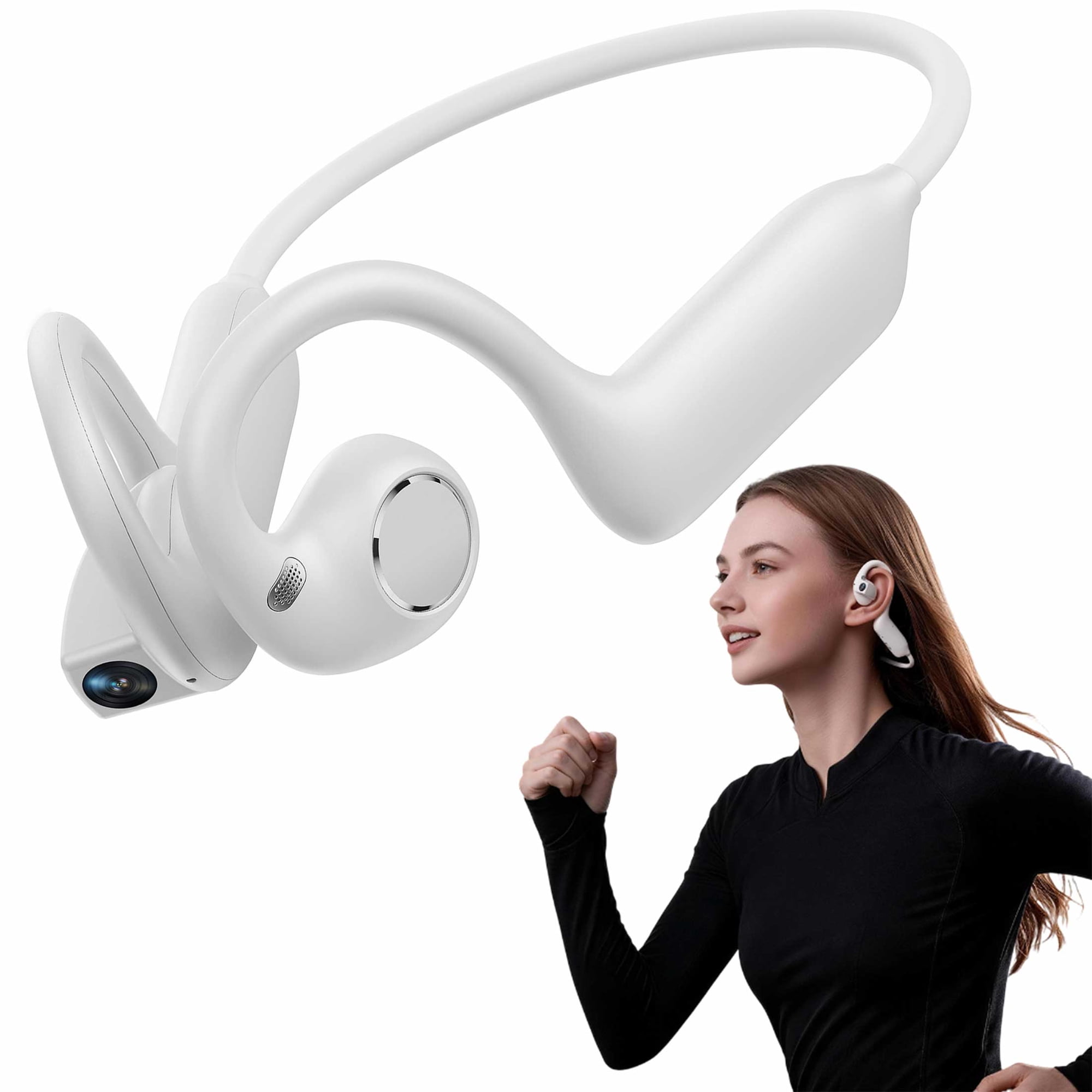 Smart Bone Conduction Headphones with Camera 8MP EIS Open-Ear Headset with AI Translation for Cycling Action Video