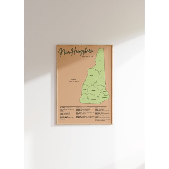 Vintage New Hampshire Map : Us State Wall Art Unframed Paper Print