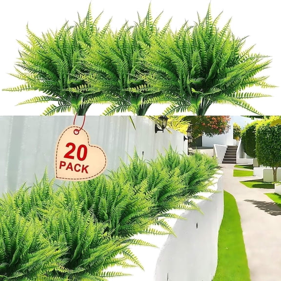 20 Bundles Artificial Boston Fern Plants – Lifelike UV Resistant Fake Plants for Outdoor & Indoor, Faux Greenery Stems for Garden, Porch, Patio, Yard, Home, Office Decor