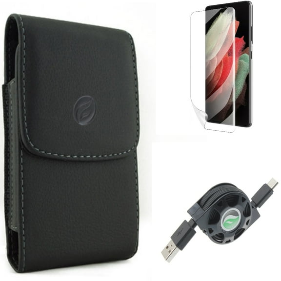 USB Cable & Matte Screen Protector & Case Belt Clip for Samsung Galaxy S22 Plus (S22 ) - Combo Retractable Type-C Charger & TPU Film Anti-Glare & Leather Holster Cover