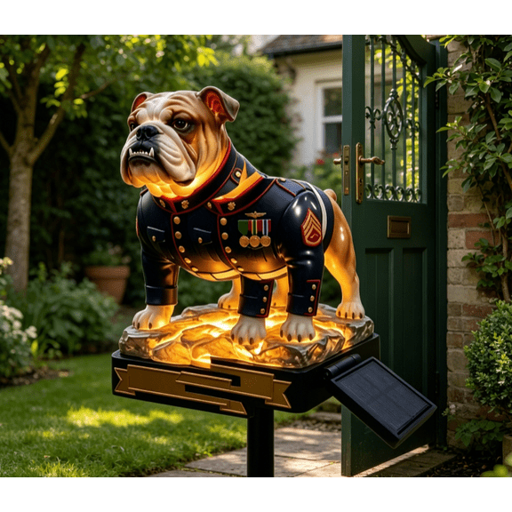 Solar Bulldog Garden Stake Light, Patriotic Semper Fidelis Outdoor Light, IP44 Waterproof Resin Auto On/Off for Lawn Yard & Patio