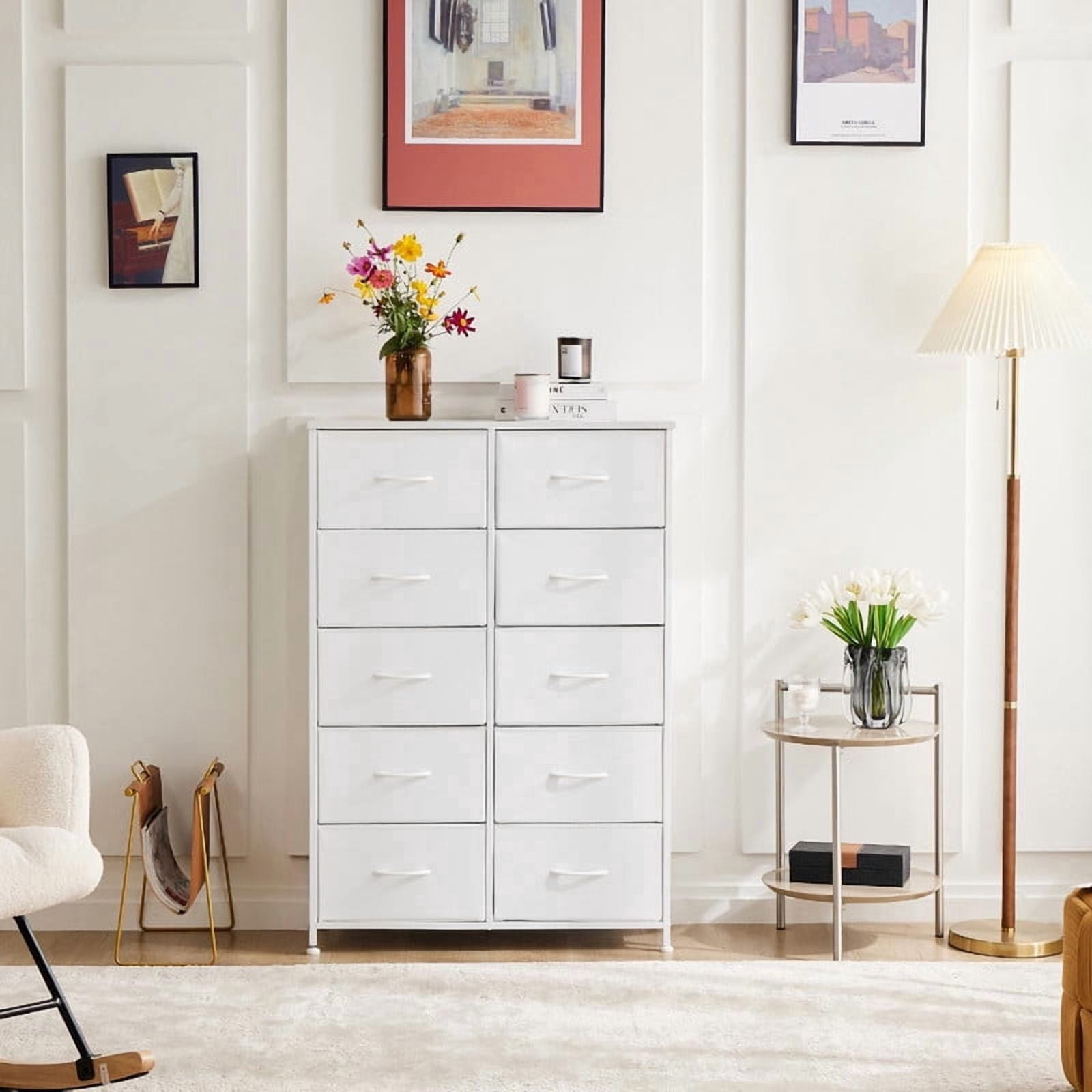 Kelno 10 Drawer Fabric Dresser Storage Tower Chest Organizer with Wood Top Steel Frame, White
