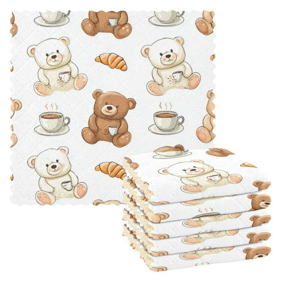 6 Pieces of Kitchen Towels 11x11Inch Kitchen Dish Cloths Kitchen Dish Towels Reuseable Cleaning Cloths Bear Pattern with Coffee