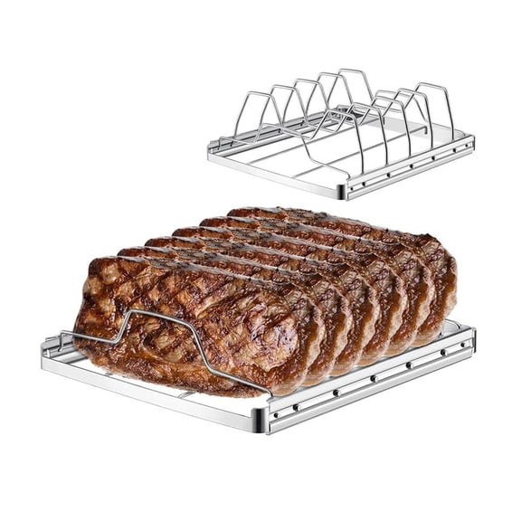 Rib Rack for Smoking and Grilling, Smoking-holds Up to 4 Full Racks of Ribs for Standing Rib Roast, Stainless Steel Meat Resting Rack for Outdoor Grill Camping Picnics Barbecue Grills and Smokers
