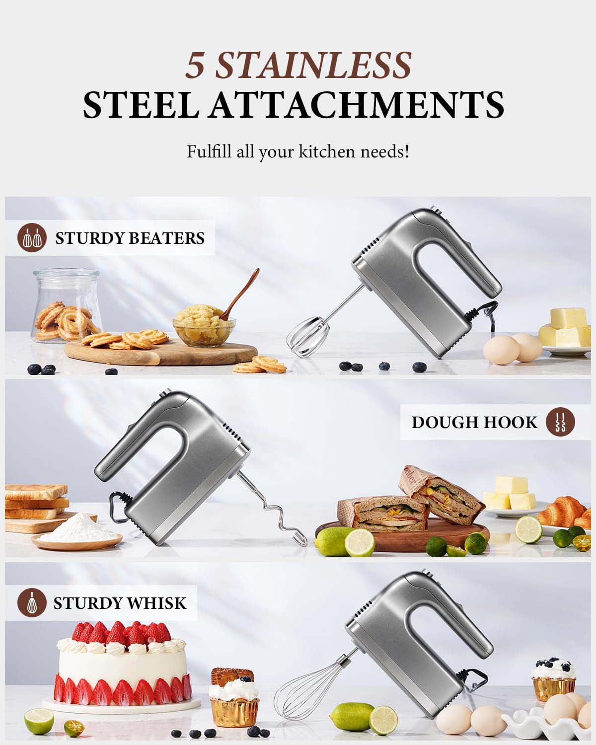 Hand Mixer, 450W Handheld Mixer with Storage Case 5-Speed Plus Turbo Hand Mixer Electric With 5 Stainless Steel Attachments(2 Beaters, 2 Dough Hooks and 1 Whisk), Silver