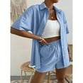 thumbnail image 4 of Virmaxy Womens Stylish Outfit 2 Piece Set Summer Cotton Linen Solid Color Two-Piece Suit (Short Sleeve + Shorts) Fashion Summer Solid V-Neck Button Casual Short Sleeve Top+ Pant Set Light Blue M, 4 of 8