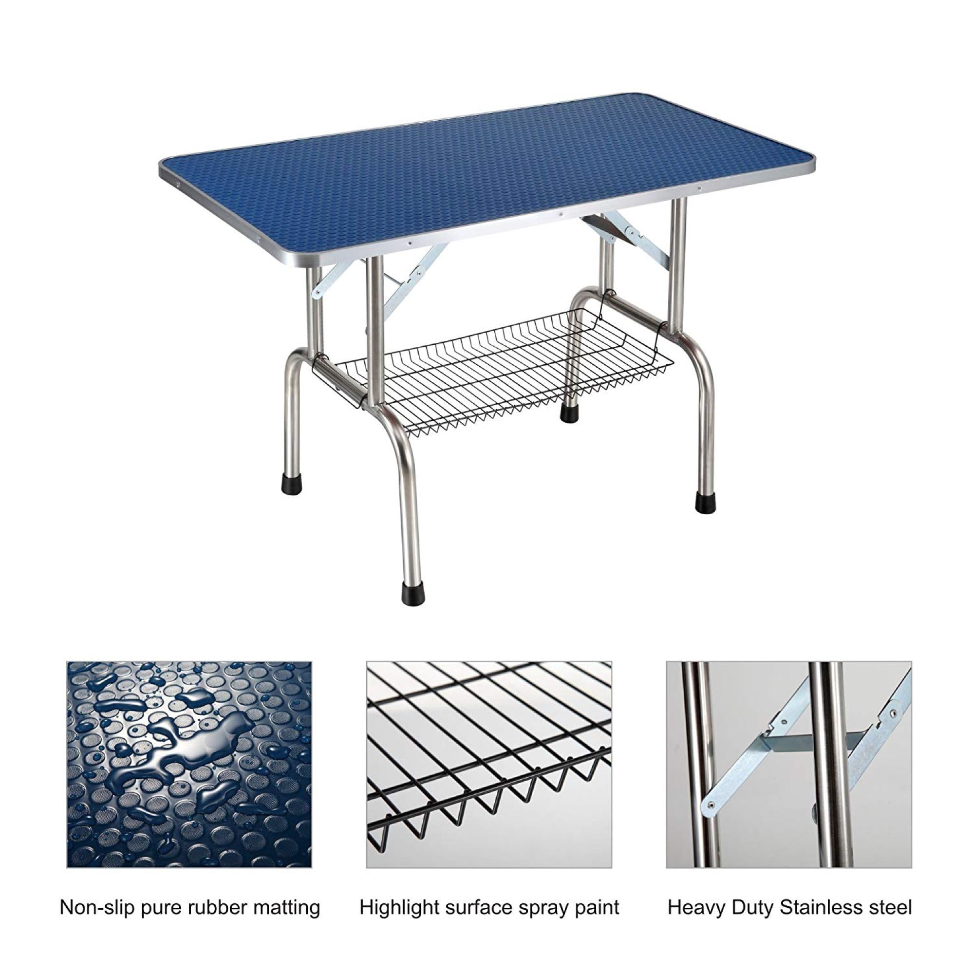 Leumius 46" Folding Pet Grooming Table with Adjustable Arm and Clamps Stainless Steel Frame for Dog and Cat Large Heavy Duty Animal Blue
