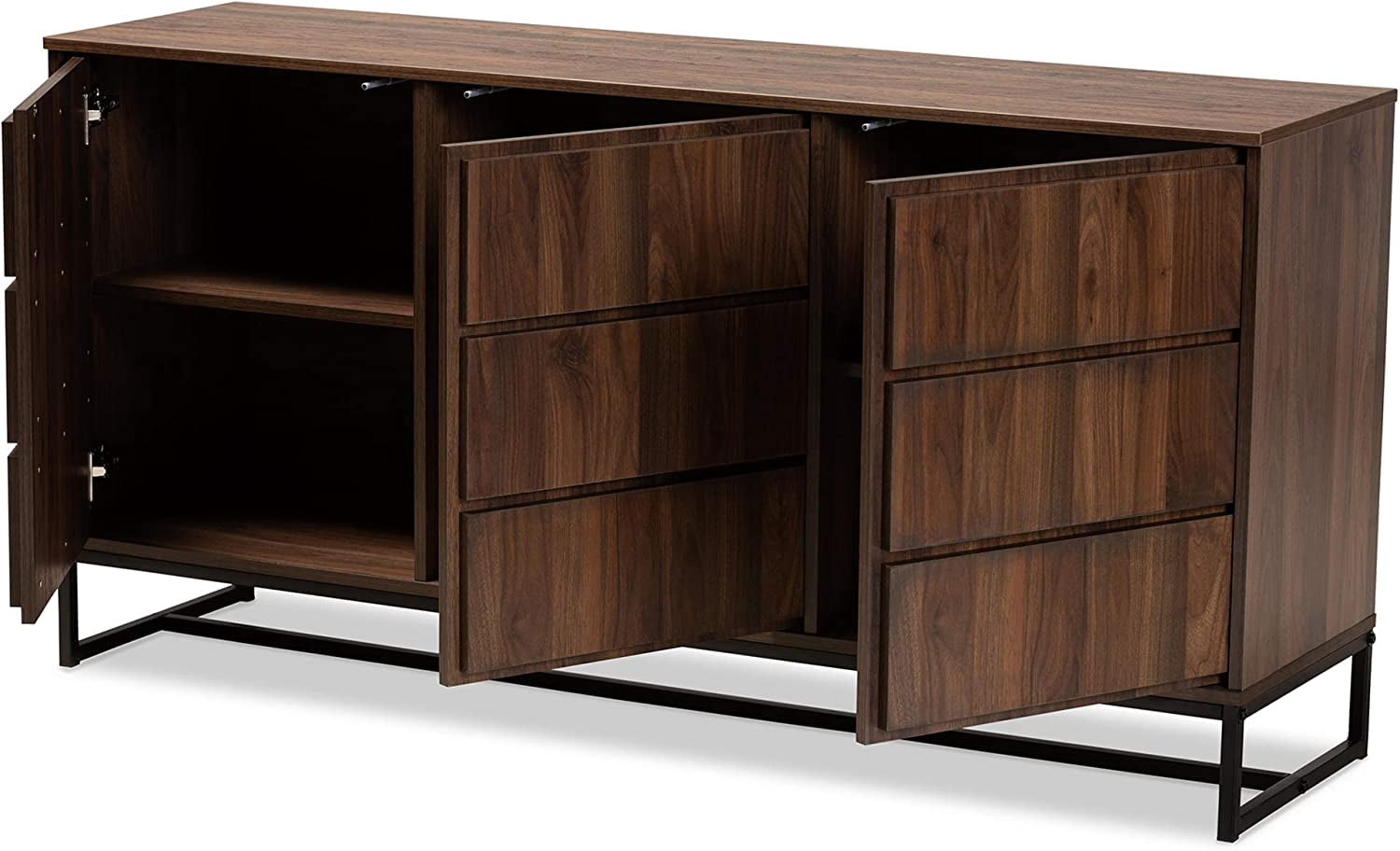 Baxton Studio Neil Modern and Contemporary Walnut Brown Finished Wood and Black Finished Metal 3-Door Dining Room Sideboard Buffet