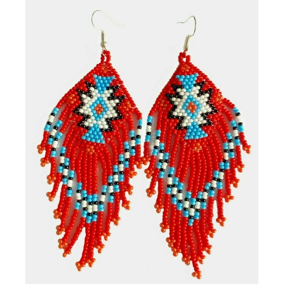Handmade beaded native style Red White hook earrings