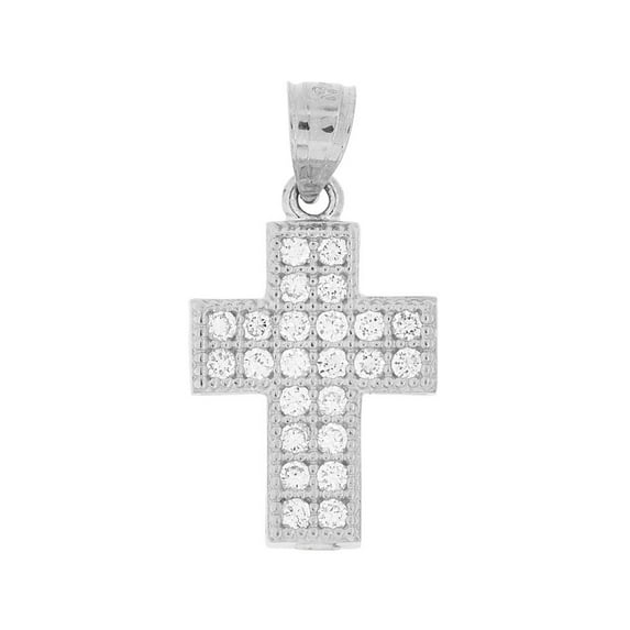 14K Gold White Rhodium, Fancy Cross Created CZ Crystals Pendant Religious Charm 13mm with 16" Dainty Neck Chain