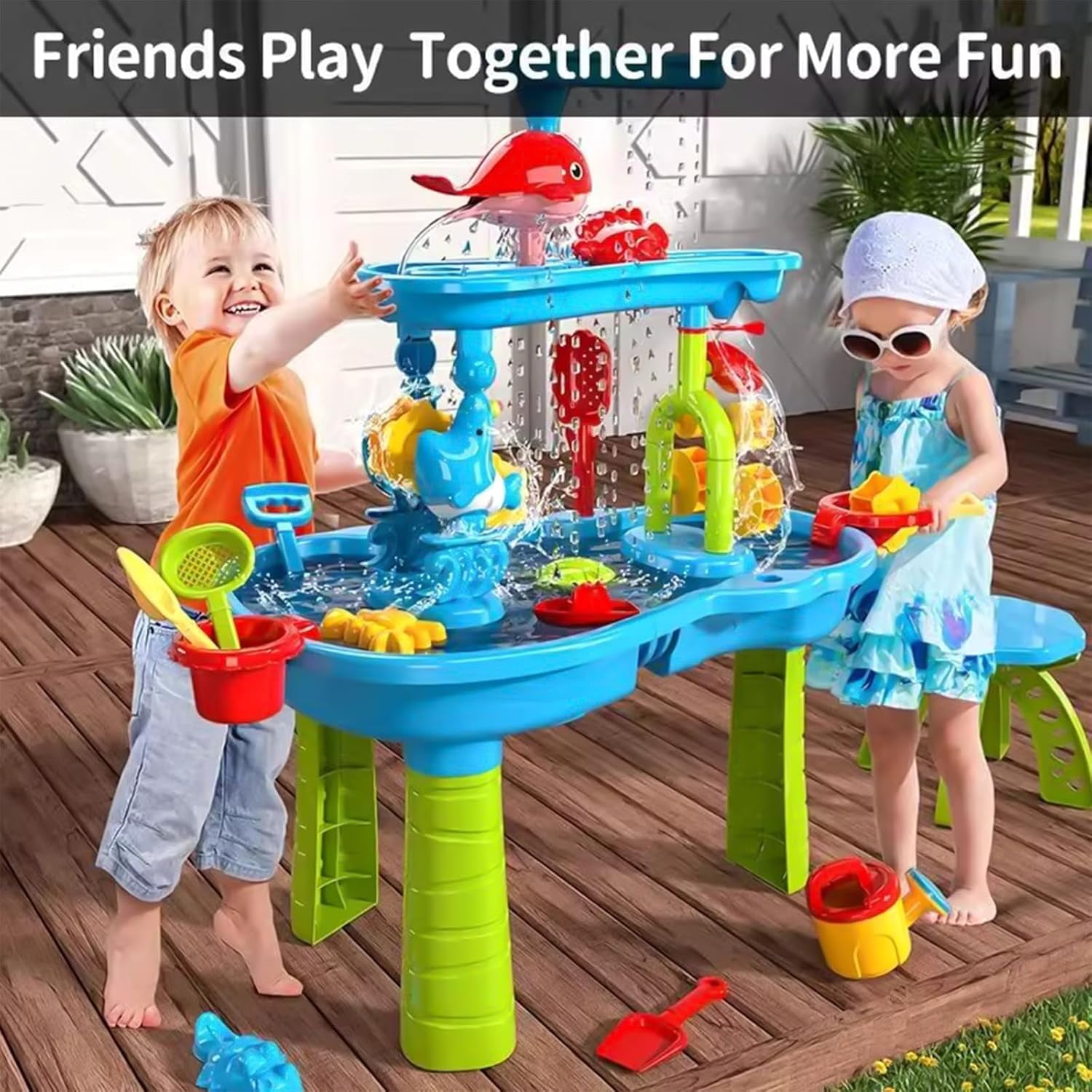 Water Table with Chair – 3-Tier Sand Water Sensory Table Toys for Toddlers & Kids Ages 3-8, Outdoor Backyard & Beach Play, Ideal Gift for Boys & Girls