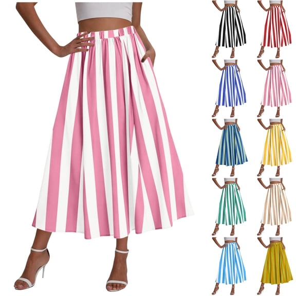 Paiwinds Women's Spring Summer Striped High Waist A-Line Flowy Ankle-Length Skirt with Elastic Waist, Soft Stretchy Polyester Spandex for Beach Vacation