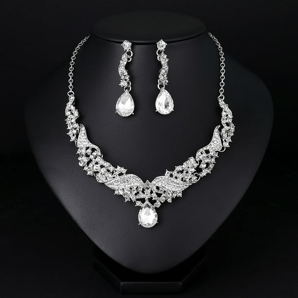 Fiudx Conjunto de Joyas de Aleación con Diamantes de Imitación, Elegante Collar y Pendientes, Accesorios para Bodas, Ropa Femenina, Bares, Fiestas y Bodas, Aspecto Elegante y Hermoso, Gran Idea para
