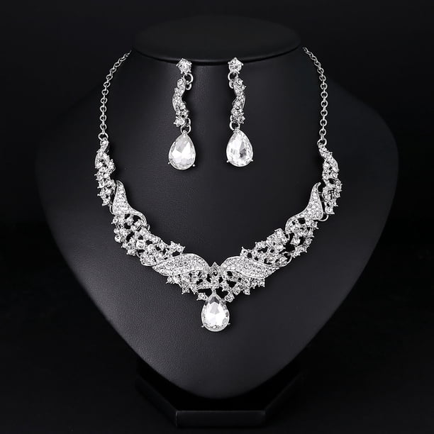 HomeKingdee Elegant Rhinestone Necklace and Earrings Set for Women - Alloy Glass 2-Piece Jewelry Set for Wedding Party Formal Occasions