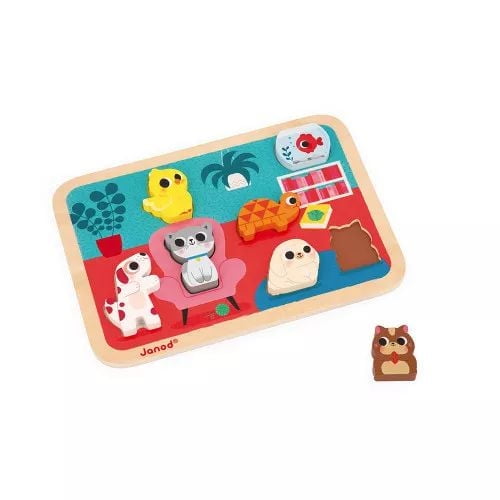 JANOD - Chunky Puzzle Les Animaux Familiers - Bois FSC - 7 pièces - Développement Motricité Fine,Concentration et Imagination - Dès 18 Mois