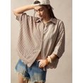 thumbnail image 4 of Women's Striped Button Down Shirt, Collared Short Sleeve Scalloped Hem Blouse, Loose Fit Flowy Top, Boho Vacation Resort Wear, 4 of 7