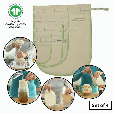 

Simple Ecology Organic Cotton Fine Mesh Reusable Straining Bags - Set of 4 (L M S XS) (nut milk cold brew coffee filter loose leaf tea infuser food juice pulp strainer)