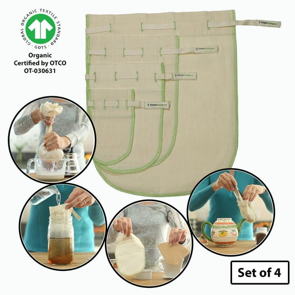 Simple Ecology Organic Cotton Fine Mesh Reusable Straining Bags - Set of 4 (L, M, S, XS) (nut milk, cold brew, coffee filter, loose leaf tea infuser, food juice pulp strainer)
