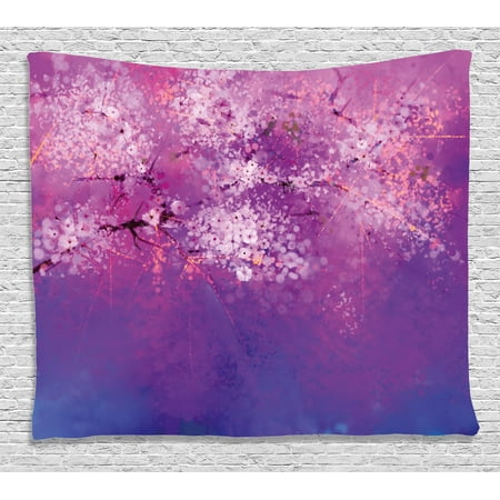Painted Cherry Blossoms Watercolor Flower Home Decor Tapestry, Asian Japanese Cherry Blossom with Hazy Romantic Paint, Wall Hanging for Bedroom Living Room Dorm Decor, 60W X 40L Inches, Fuchsia Purple, by Ambesonne ()