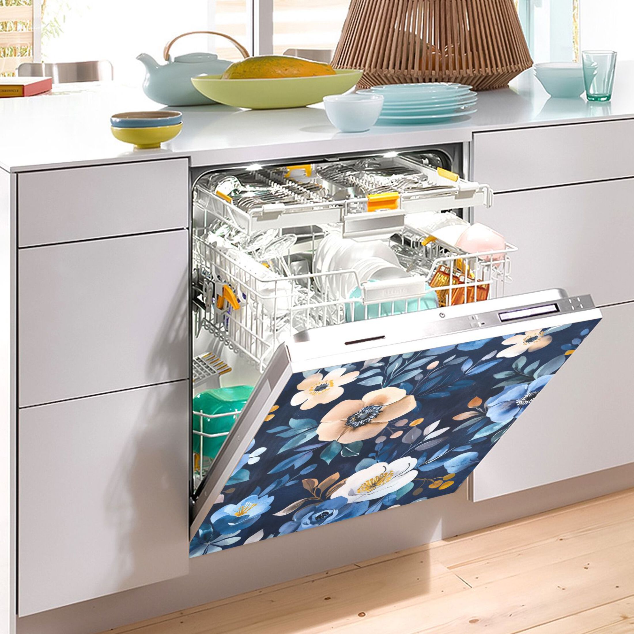 Dishwasher Magnetic Sticker 23x26 Inch Refrigerator Magnetic Sticker Washing Machine Magnetic Sticker Kitchen Panel Magnetic Sticker Home Decor Vibrant Navy Flowers