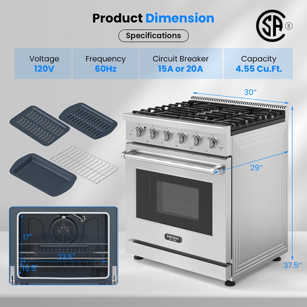 Resenkos 30 Inches 120V Natural Gas Range with 5 Burners Cooktop, Convertible Gas Burner for Kitchen, Stainless Steel