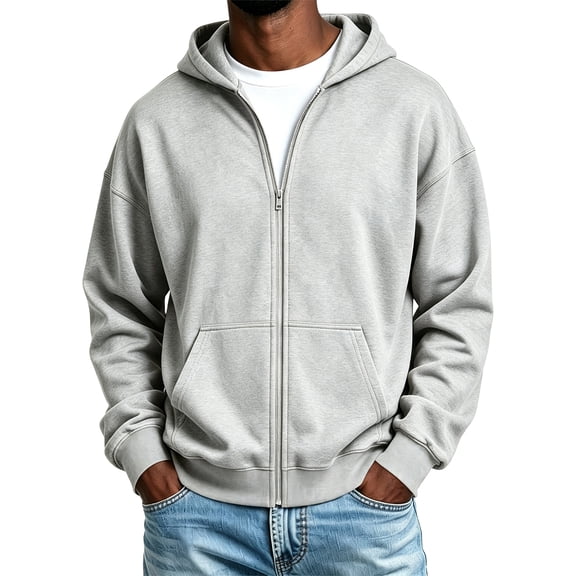 Resicozy Zip-Up Hoodies for Men Classic Solid Color Long Sleeve Hoodies Casual Oversized Pullover with Pockets Light Gray 2XL