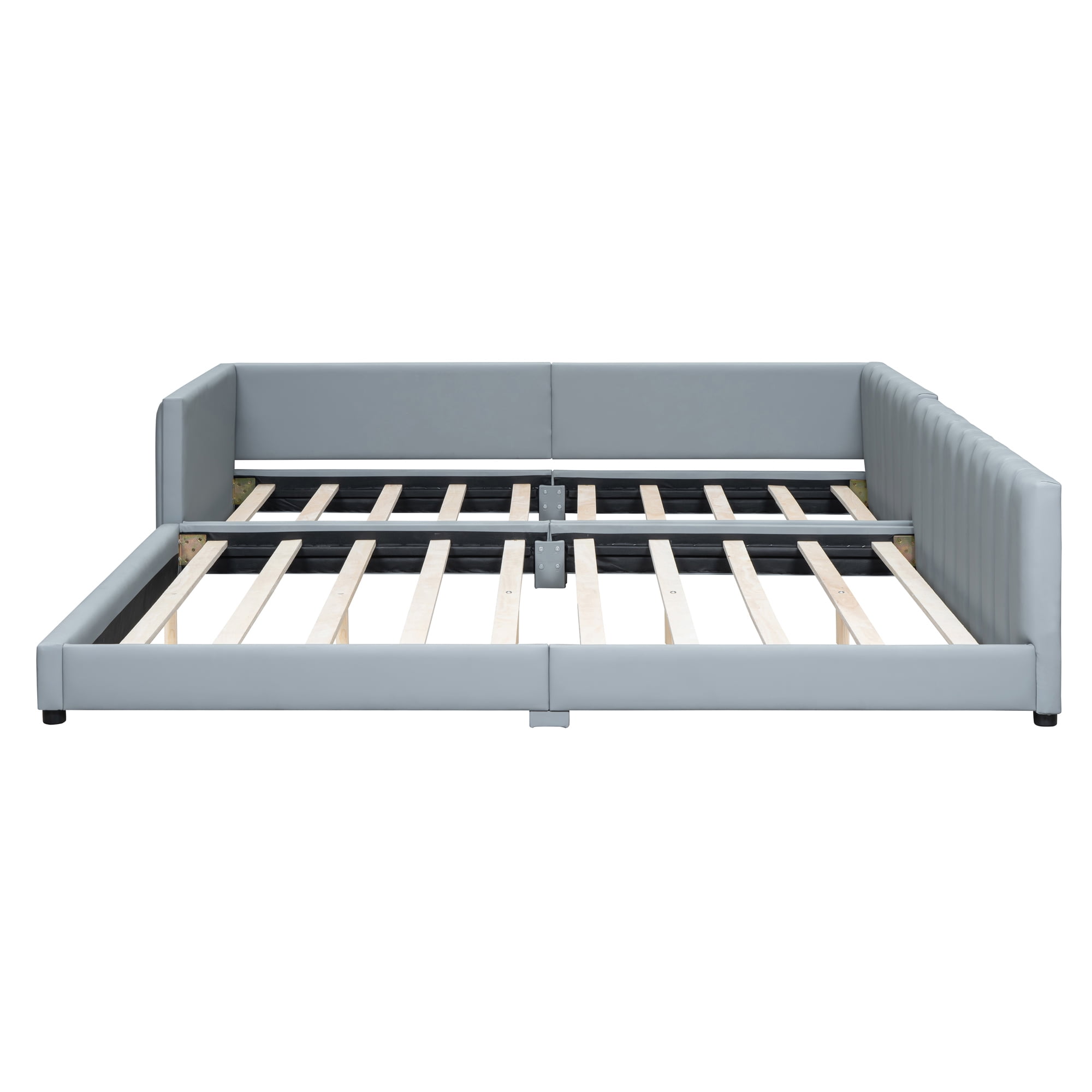 Harper & Bright Designs Wooden Mother Bed Frame Queen and Twin XL Size Daybed, PU Leather Upholstered Grounded Platform Bed, Gray