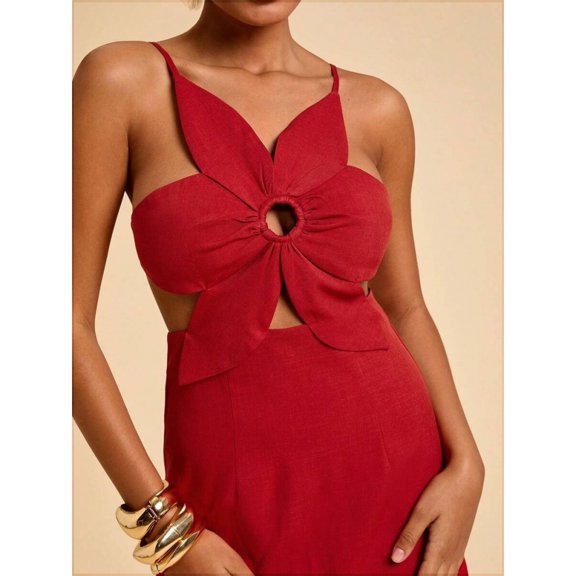 Red 3D Floral Hollow-Out Backless Slip Dress For Summer Vacation Party