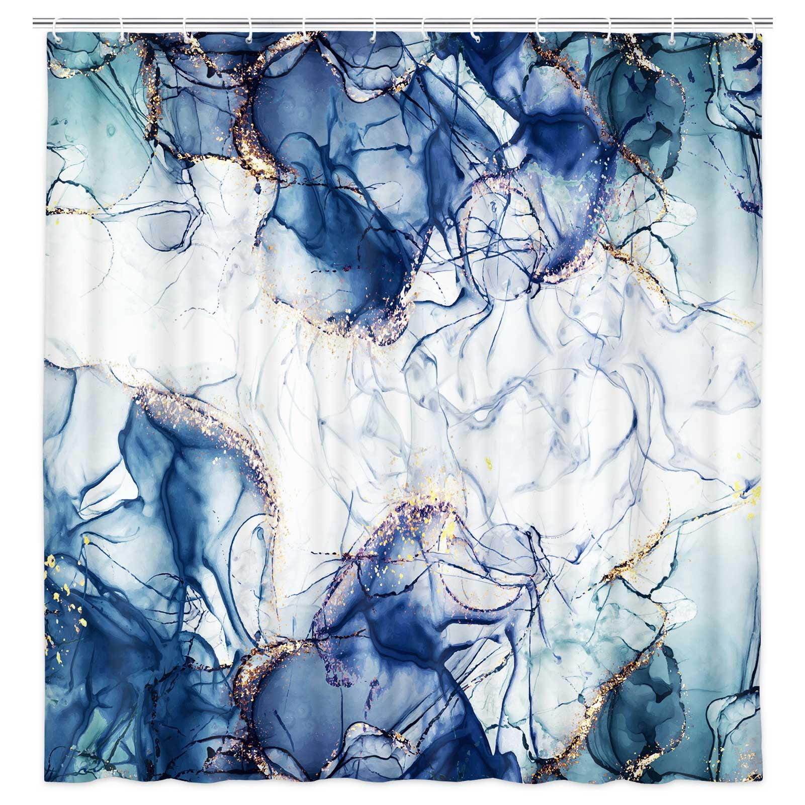 Blue Gold Marble Texture Shower Curtain Sets, Abstract Modern Fabric Shower Curtain for Bathroom, 3D Printing Durable Waterproof Washable Bath Curtain with Hooks 36X72in