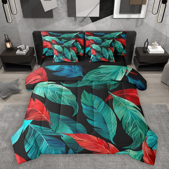 Homewish Monstera Leaf 7-Piece Twin Bedding Sets,Tropical Botanical Bedding Comforter Set,Green Red Black Sheet Sets For Girl,Luxury Bedroom Decor Reversible