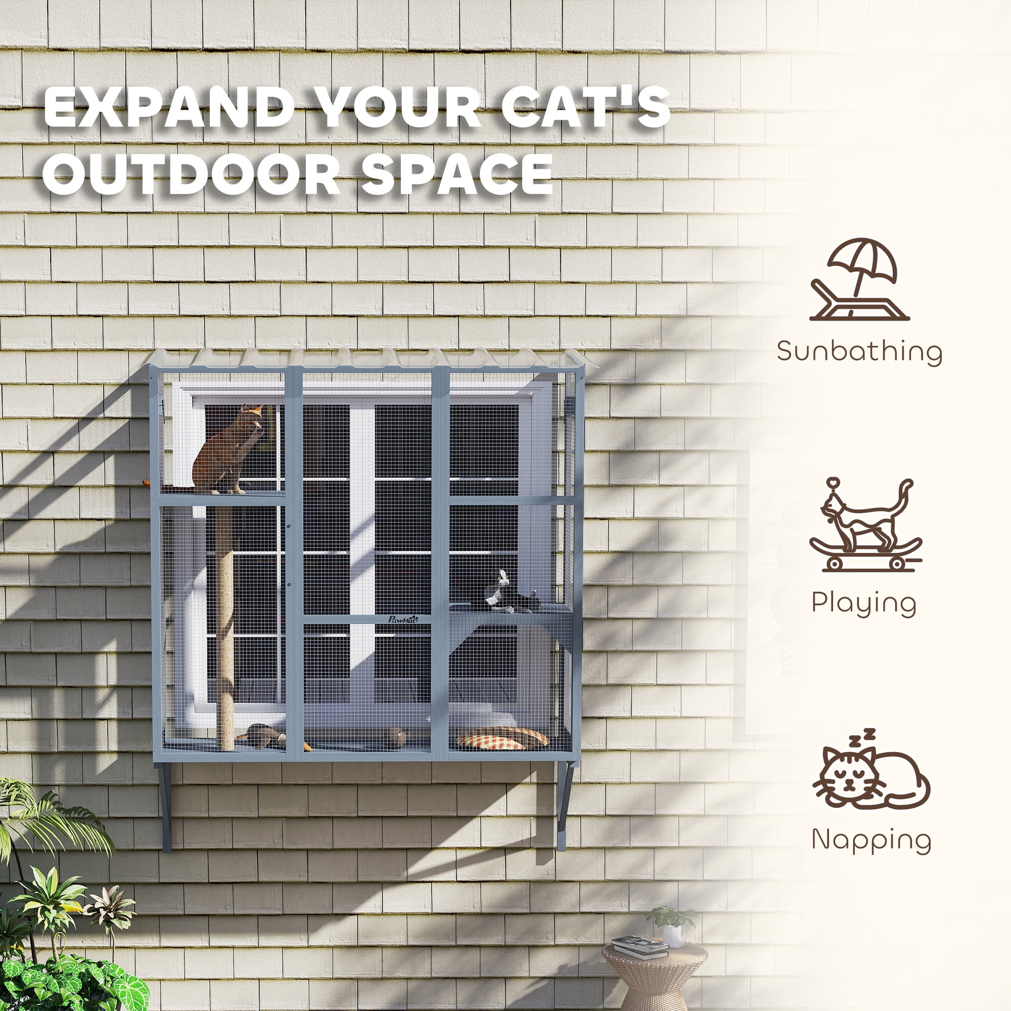 PawHut Catio Outdoor, Cat Window Catio for 2-3 Large Indoor Cats with 2 Jumping Platforms, Scratching Post, Cat Window Box for Playing, Sunbathing