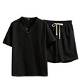 thumbnail image 4 of Stamzod Mens 2 Piece Short Set Summer Beach Outfit V-Neck Short Sleeve Linen Shirt and Shorts Sets Casual Track Suit, 4 of 5