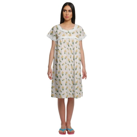 

Moomaya Cotton Lace Neckline Sleepwear For Ladies Round Neck Womens Nightdress