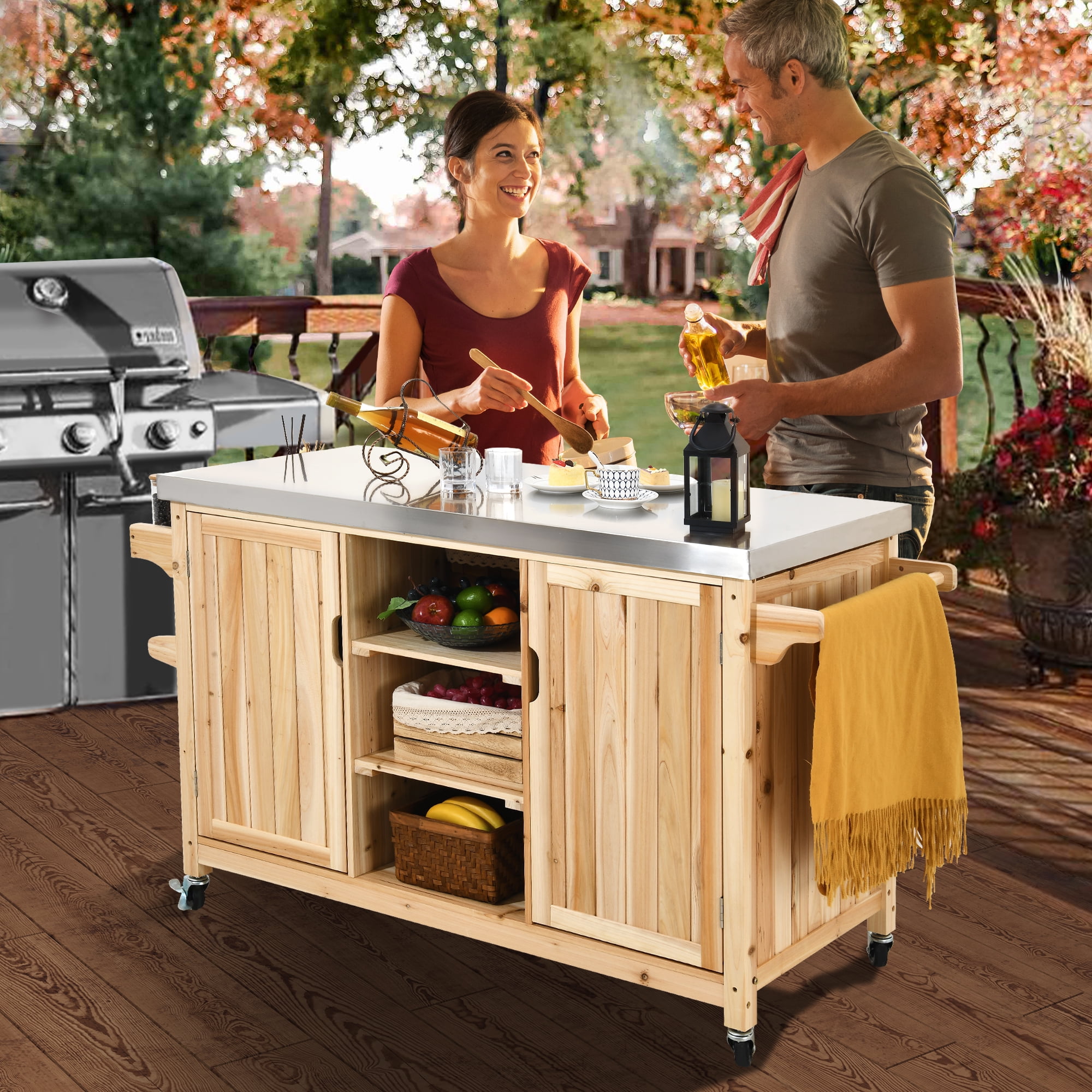DWVO Outdoor Solid Wood Prep Station with Storage Grill Table Mobile Kitchen Island Stainless Steel Top
