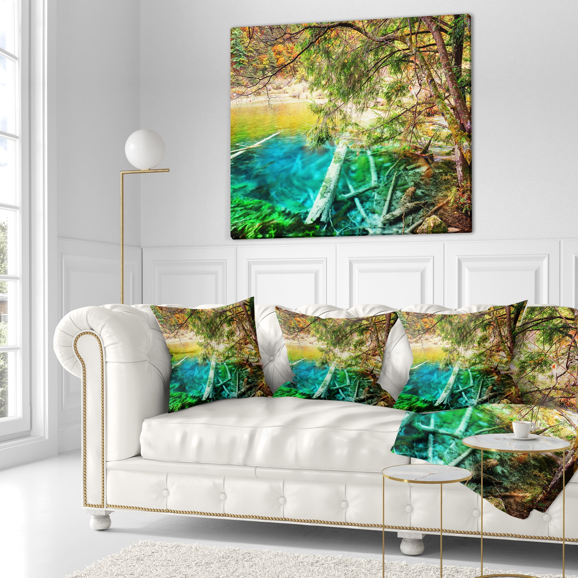 Designart Colorful Lake with Tree Trunks - Landscape Printed Throw Pillow - 16x16