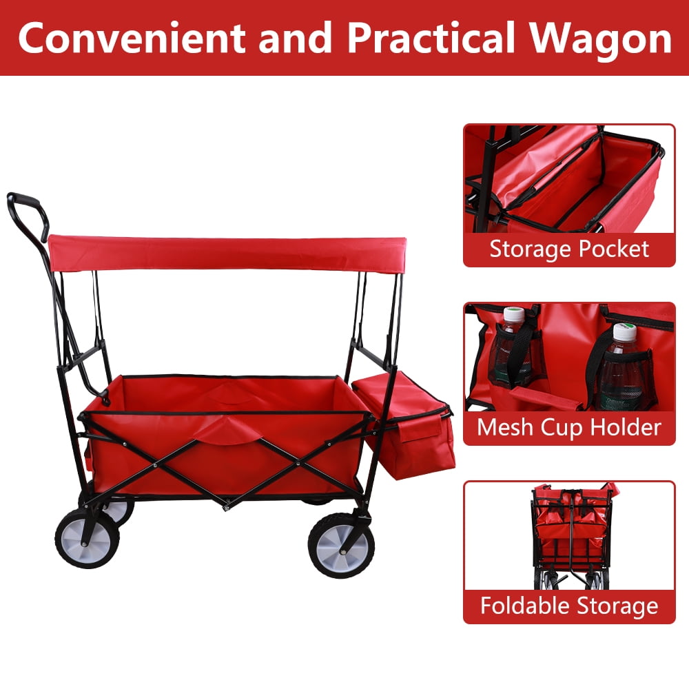 SESSLIFE Folding Beach Wagon for Sand, Collapsible Wagon Cart with Removable Canopy, Adjustable Handles, Extra Pocket and Cup Holder, Utility Cargo Wagon, Red, TE2239