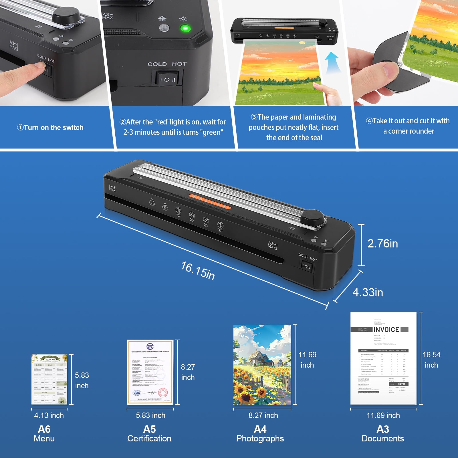 A3 Laminator Machine, 13 inch Cold Hot Laminating Machine with Laminating Sheets, Paper Trimmer and Corner Rounder, Fast Warm No Jam Personal Thermal Laminator Machine 11x17 for Home Office School