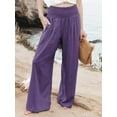 thumbnail image 4 of Women Linen Palazzo Pants Summer Boho Wide Leg High Waist Casual Lounge Beach Travel Vacation Outfits Purple XL, 4 of 8