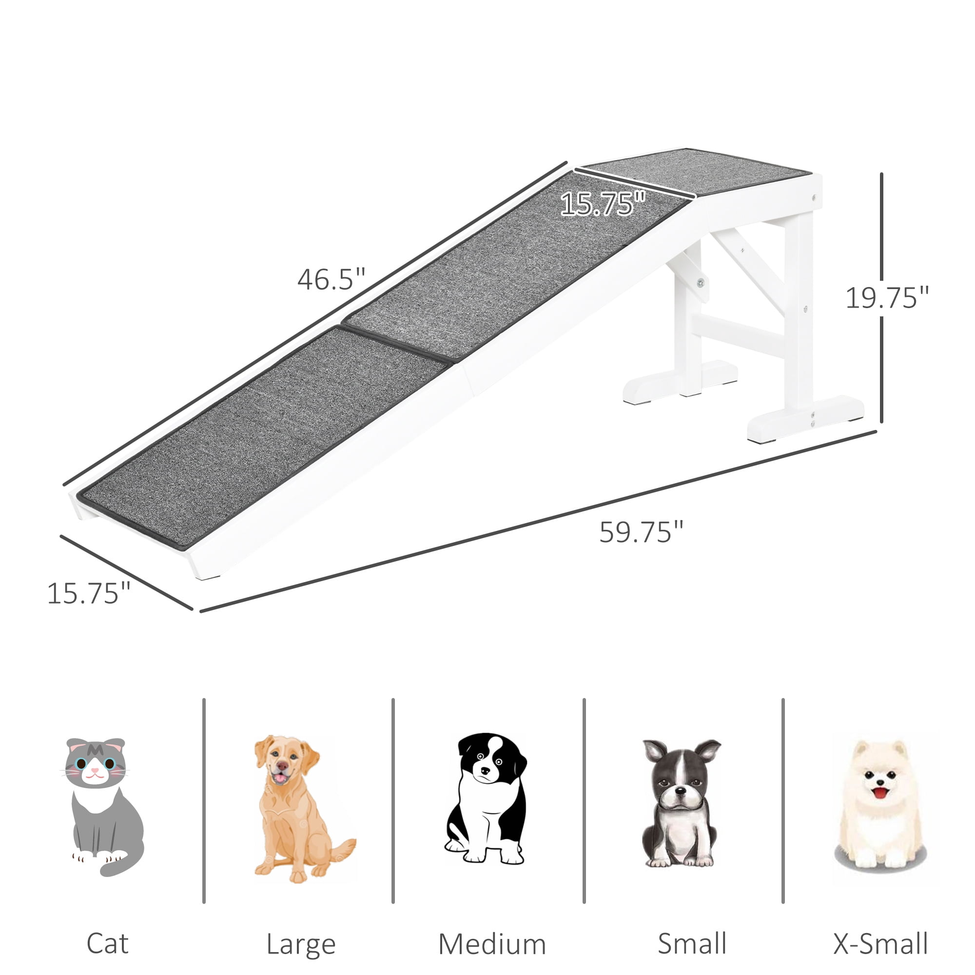 Dog Ramp for Bed, Pet Ramp for Dogs with Non-Slip Carpet and Top Platform, 60" x 16" x 20", White