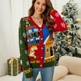 thumbnail image 2 of larppty Ugly Christmas Sweater Cardigan for Women V Neck Button Down Jacquard Knit Color Block Rib Xmas Sweater Soft Knitwear (Red, XXL), 2 of 7