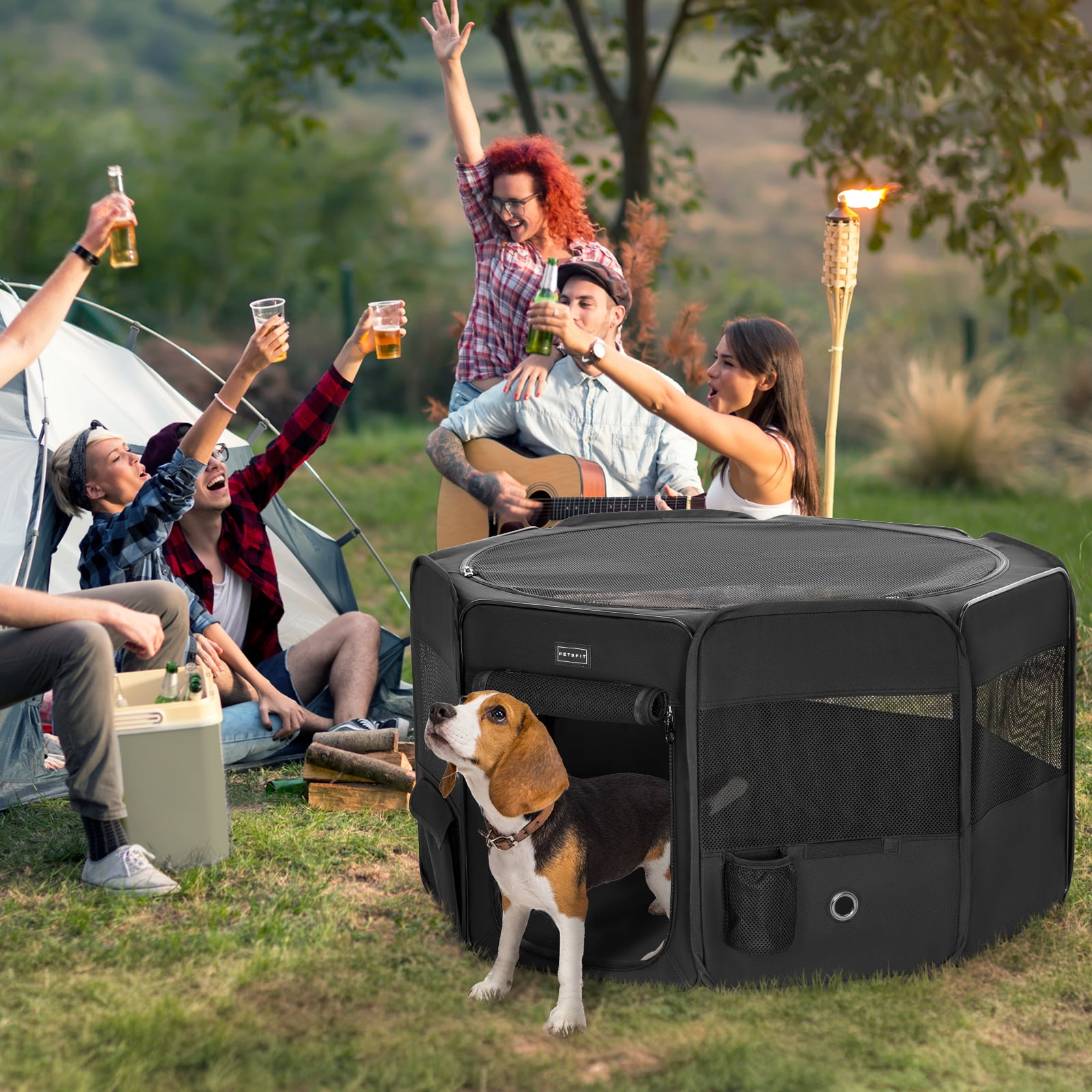 PETSFIT Portable Dog Playpen,36" Dog Play Pen Indoors with Removable Waterproof Mat & Zippered Roof | RV, Camping, Travel Dog Pen | Whelping & Cat Observation Space
