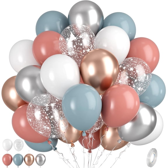 2 PACK Dusty Pink Blue Balloons, Pink Blue Balloons, Silver White Rose Gold Blue Balloons, Clear Star Print Balloons for Birthday Gender Reveal Baby Shower Party Wedding Bridal Shower