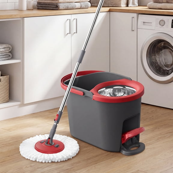 LEDREM Spin Floor Mop Set with Pedal Wringer, Telescopic Handle, Microfiber Pad, for Home Cleaning, Red and Gray