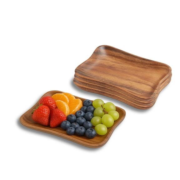 Woodard & Charles Acacia Wood Pinched Serving Trays for Charcuterie, Sushi, Dessert, Fruit and More,  Set of 4, 7.5" x 5.25"