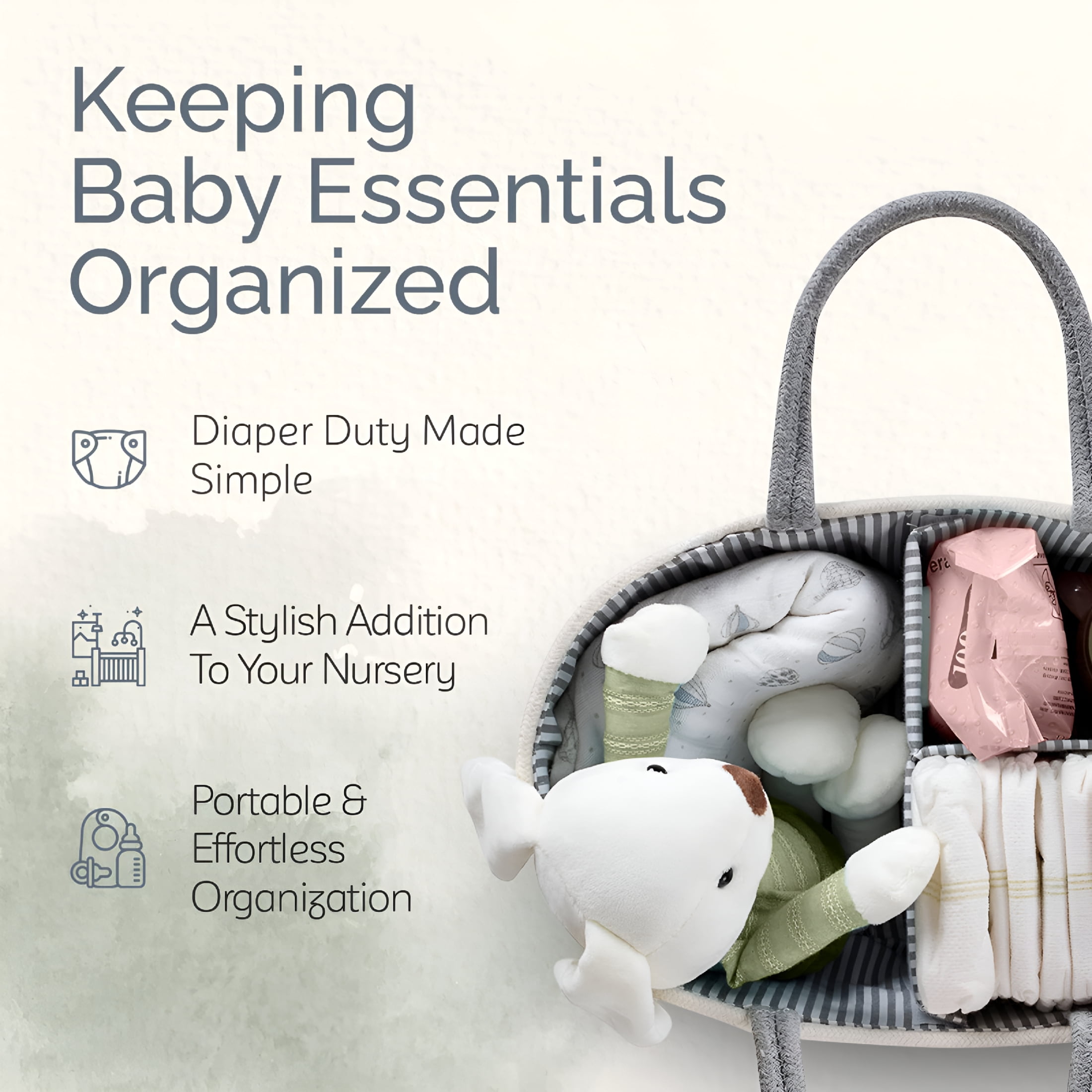 XIBUFE Woven Diaper Caddy Basket with Handle Lid,Diaper Caddy Basket with Dividers for Baby Nursery,Baby Gift,Gray,Large